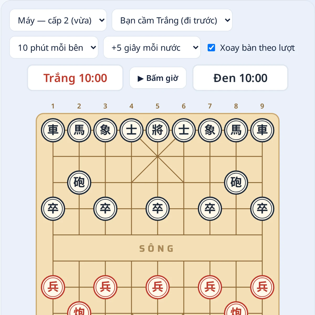 Bàn cờ tướng online chơi với máy trên Ongame, ảnh chụp thật bàn cờ đang chạy